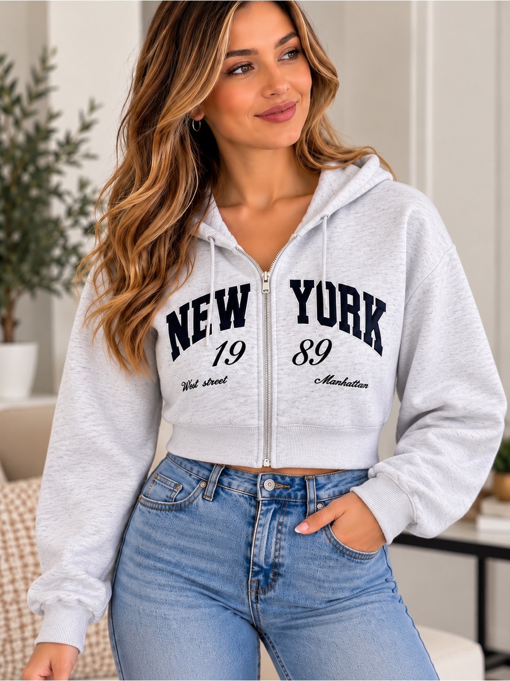 Rue21 Light Gray Cropped Zip Hoodie with 'New York' Graphic